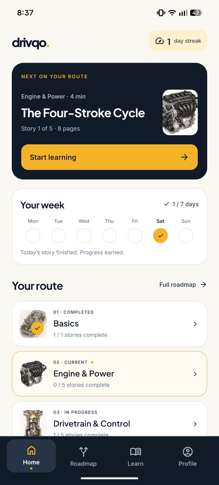 Drivqo home screen, with The Four-Stroke Cycle ready to start