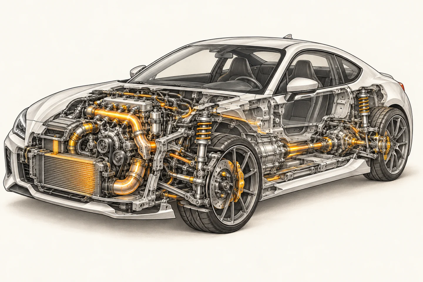 Custom cutaway illustration of a silver car, revealing its engine, drivetrain and suspension with amber highlights
