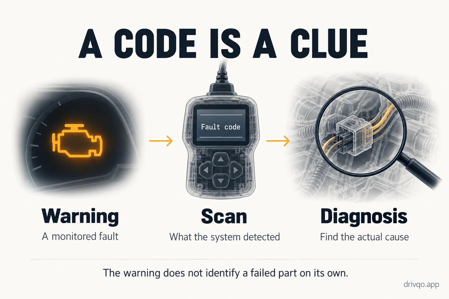 Three stages showing a warning indicator, reading a fault code and investigating the cause.