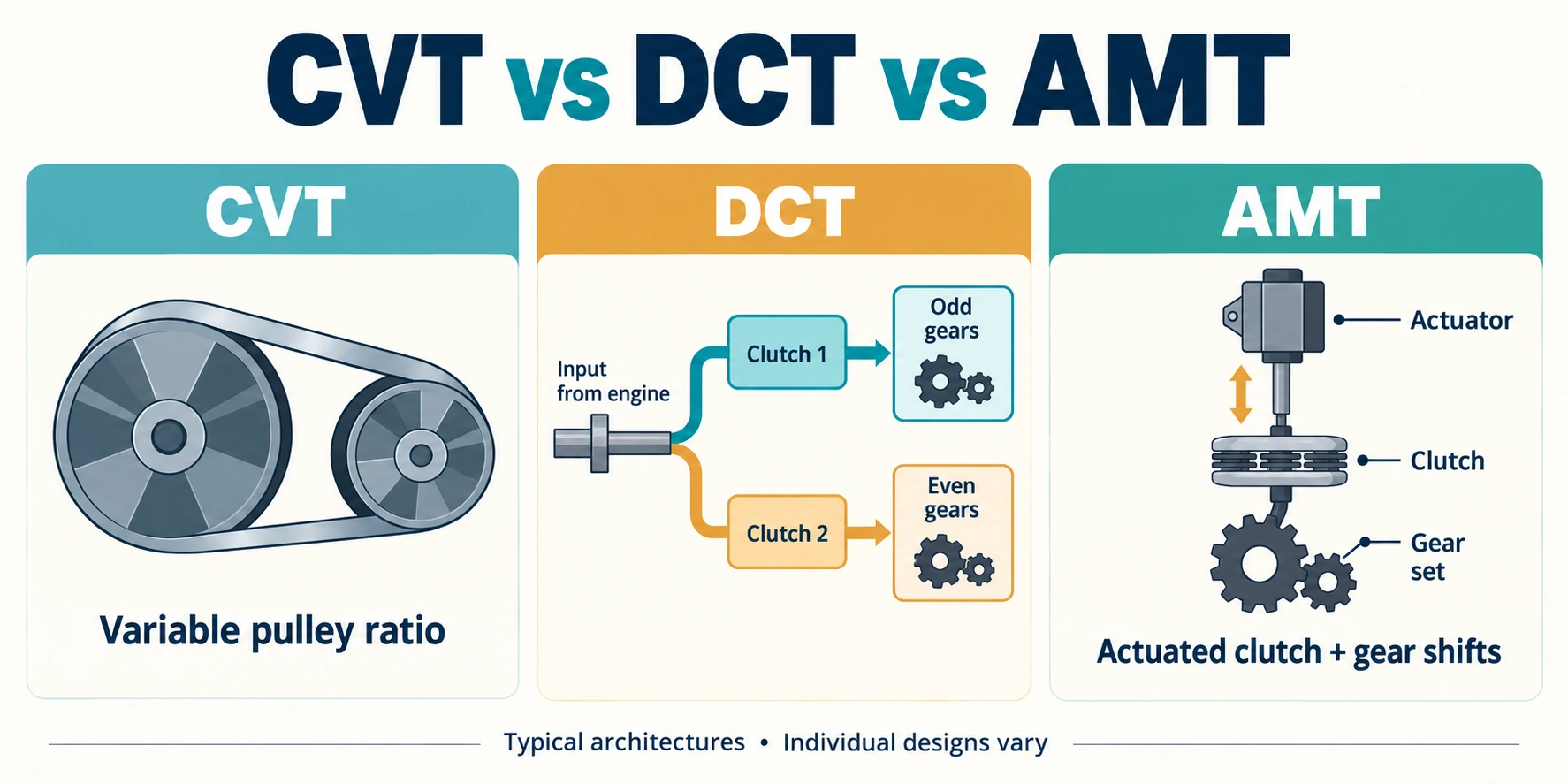 Typical CVT pulley path, DCT odd and even gear paths, and AMT clutch and shift actuation.