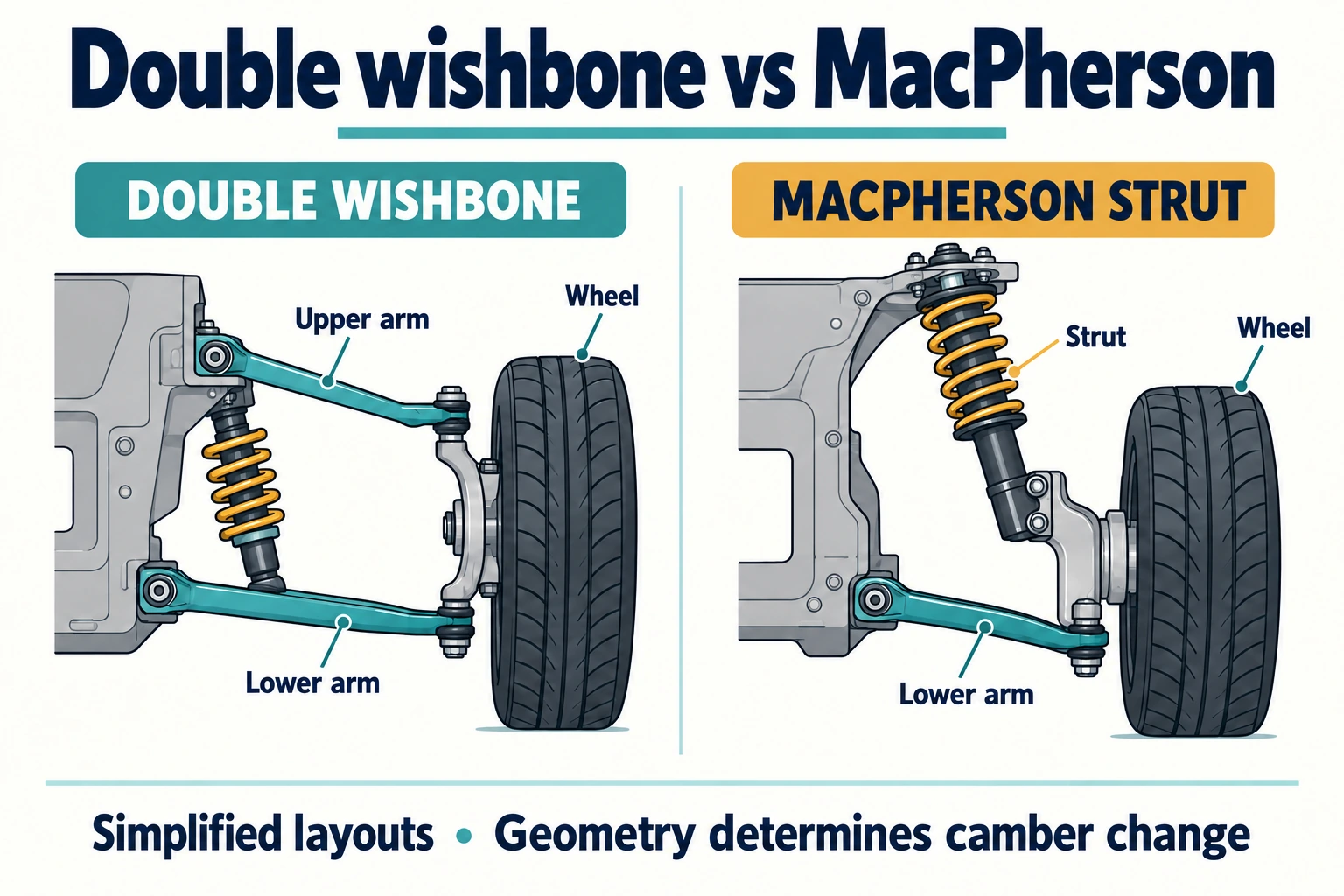 Simplified front-view layouts showing two control arms for double wishbone and a lower arm plus structural strut for MacPherson.