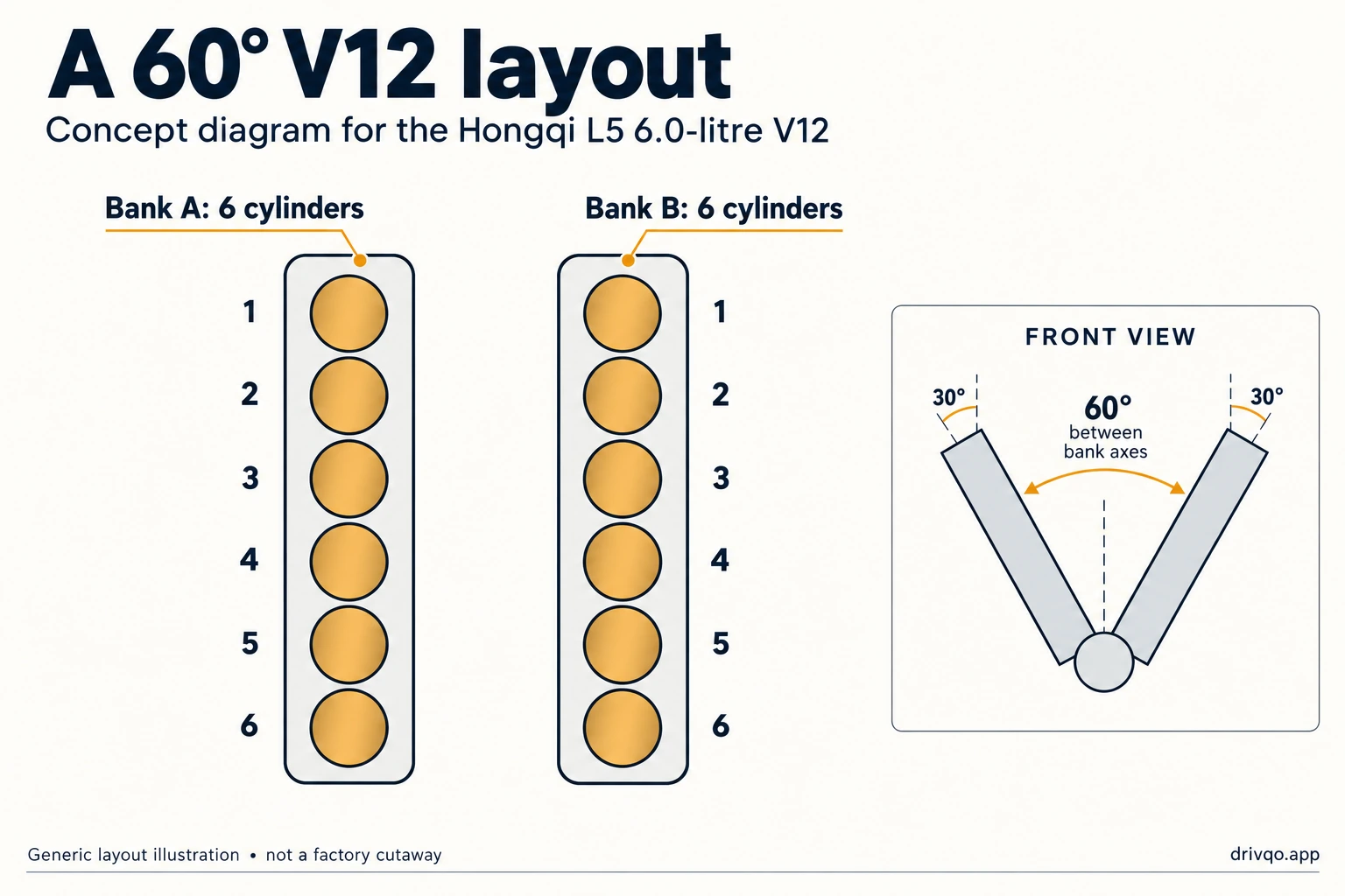 Generic V12 cylinder-bank arrangement with six cylinders in each bank and a 60-degree bank angle.