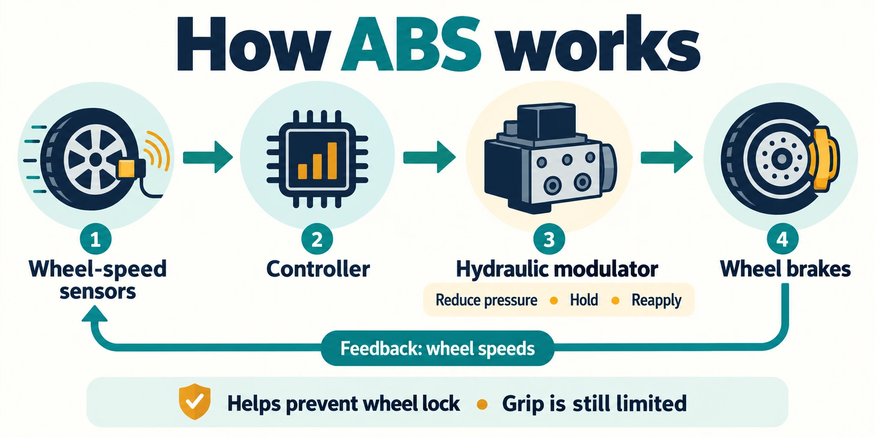 Feedback path from wheel-speed sensors through the controller and hydraulic modulator to the wheel brakes.