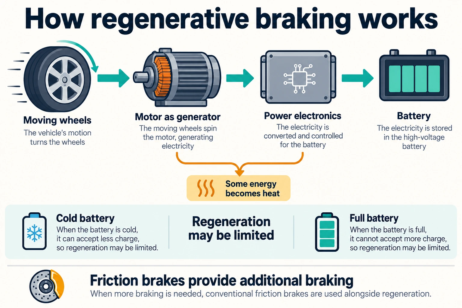 Braking-energy flow from moving wheels through a motor-generator and power electronics into a battery, with heat losses and battery limits identified.