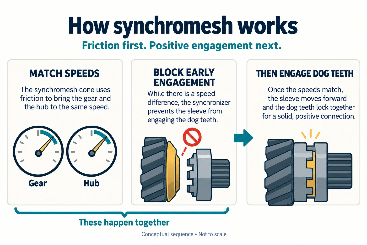 Conceptual sequence showing speed matching, prevention of premature engagement and final dog-tooth engagement.
