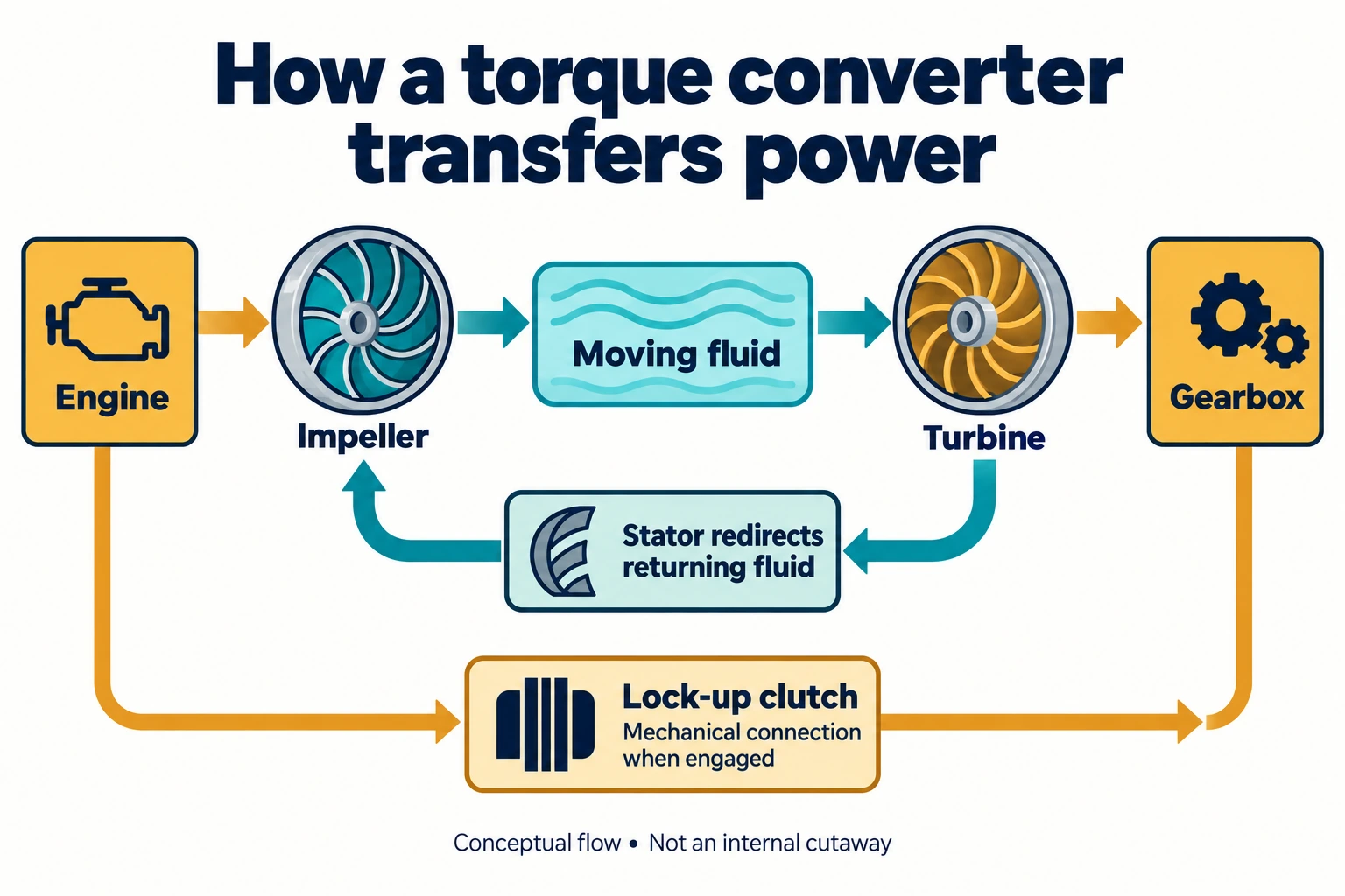 Conceptual power path through impeller, fluid and turbine, with a stator return path and separate lock-up connection.