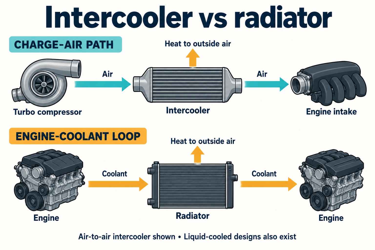 Separate charge-air path through an intercooler and coolant path through an engine radiator.