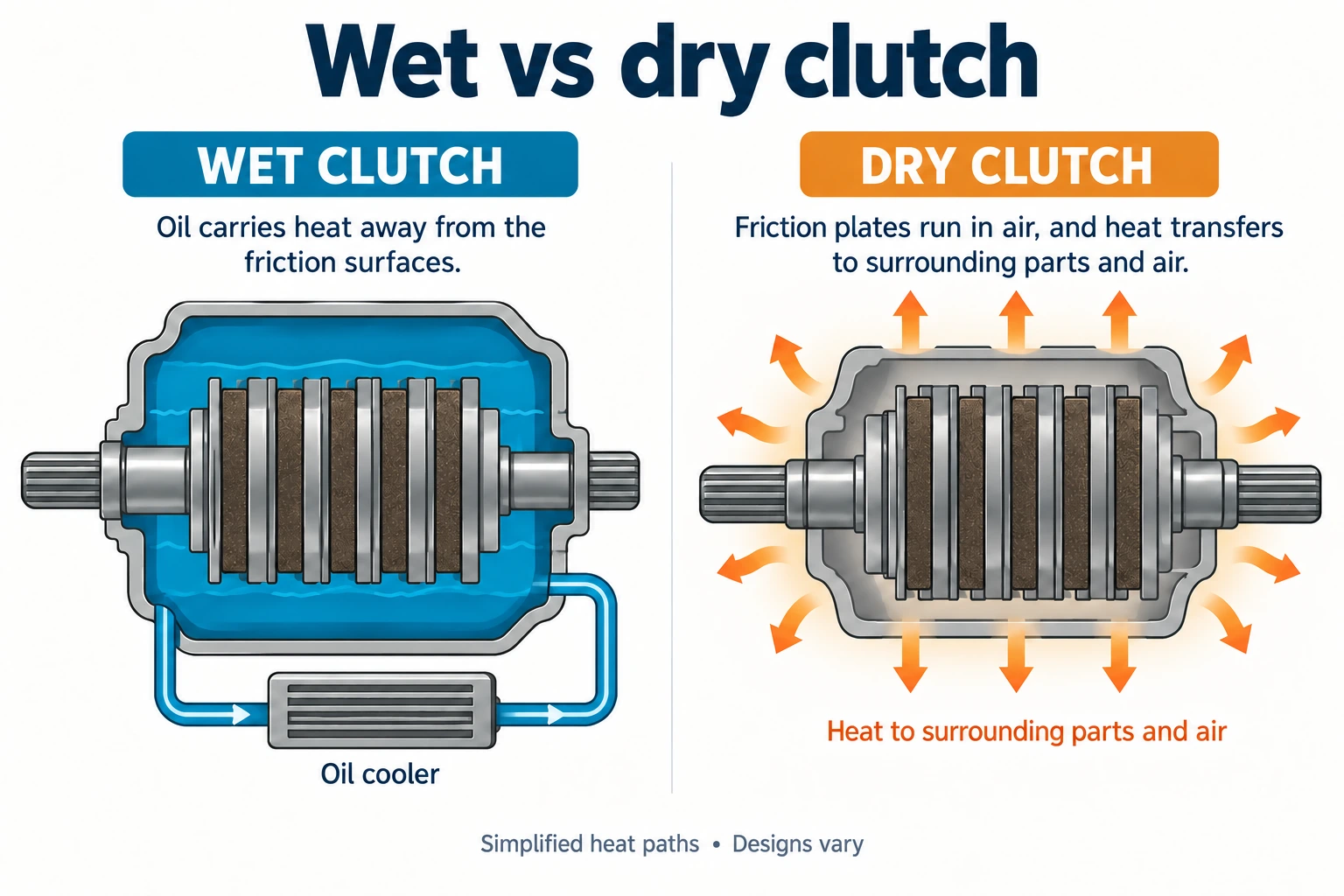 Simplified wet-clutch oil cooling and dry-clutch heat paths.