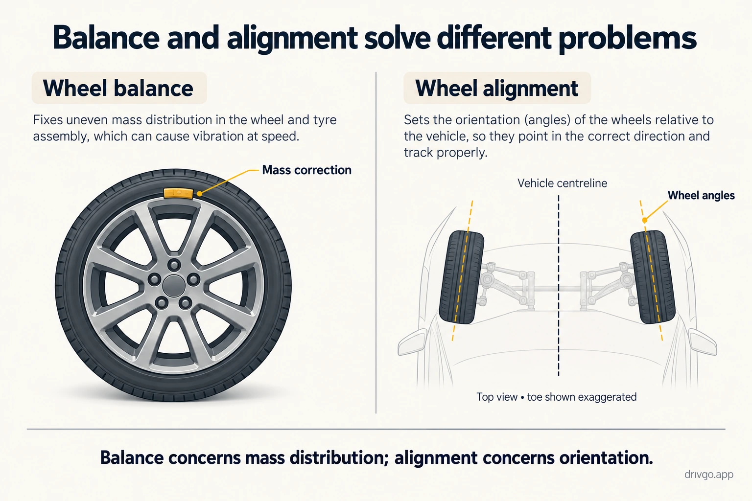 Comparison of balancing a rotating wheel's mass distribution with checking wheel orientation during alignment.