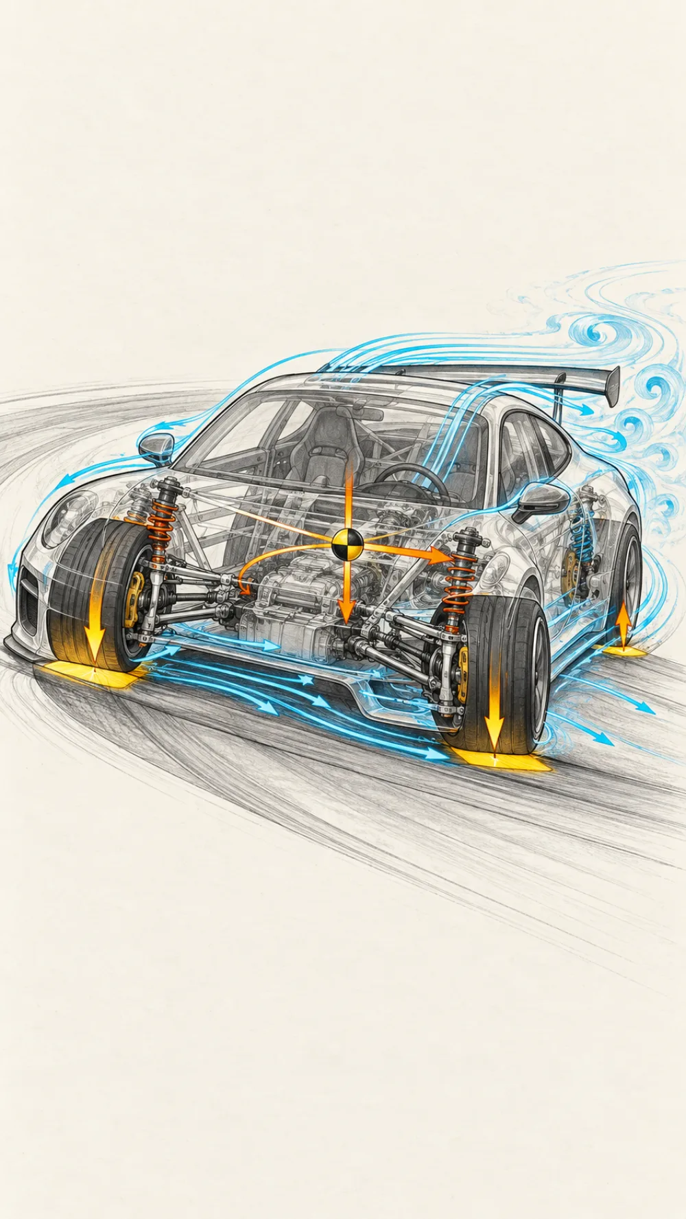 Cutaway car showing suspension and tire forces
